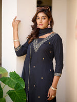 Thumbnail for Sequined & Zari Embroidered Kurta With Pant & Dupatta, Navy Blue - Hiral Fashion - Distacart