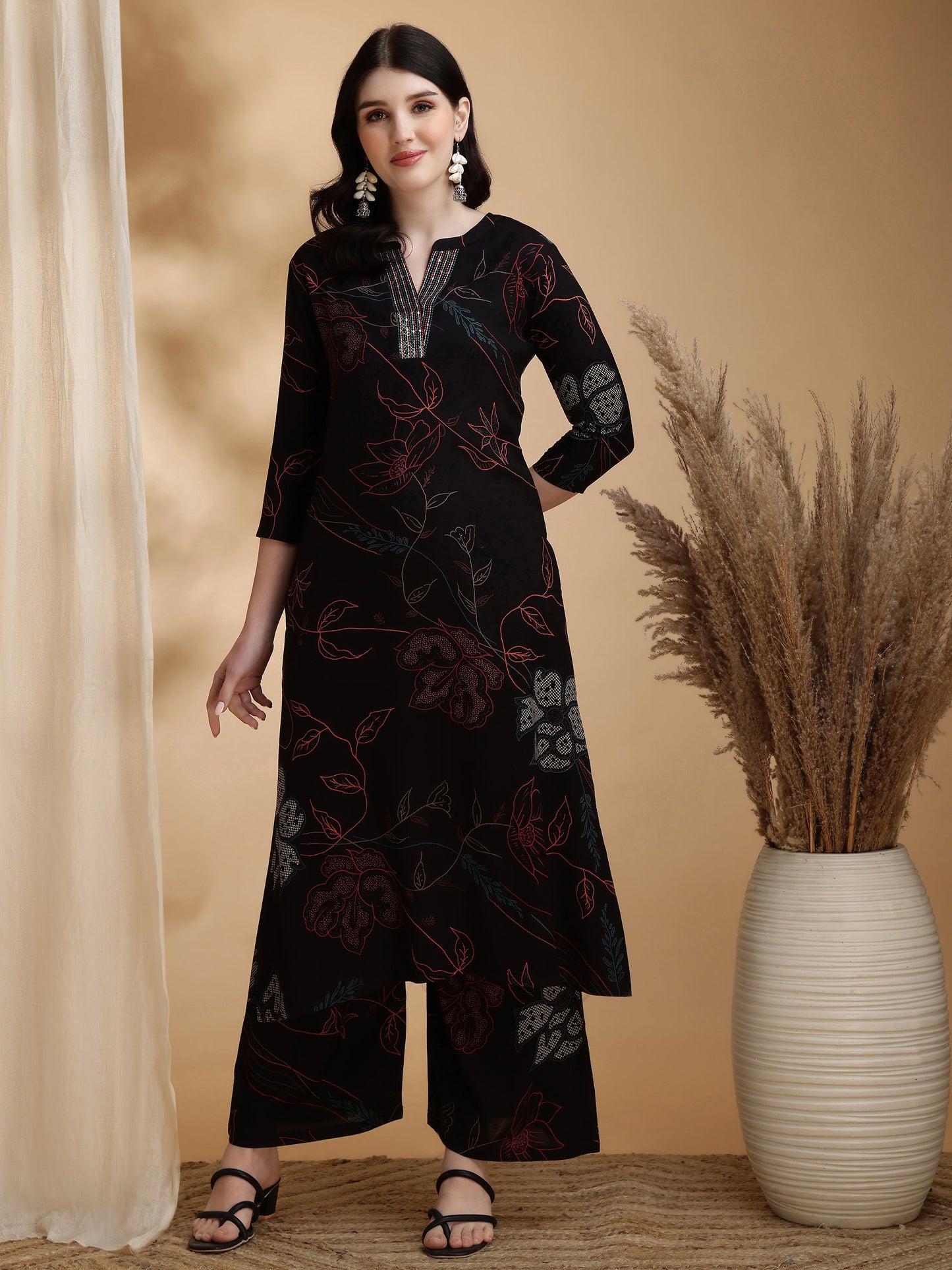Floral Printed Kurta Pallazo Set, Black - Hiral Fashion - Distacart