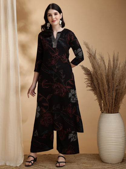 Floral Printed Kurta Pallazo Set, Black - Hiral Fashion - Distacart