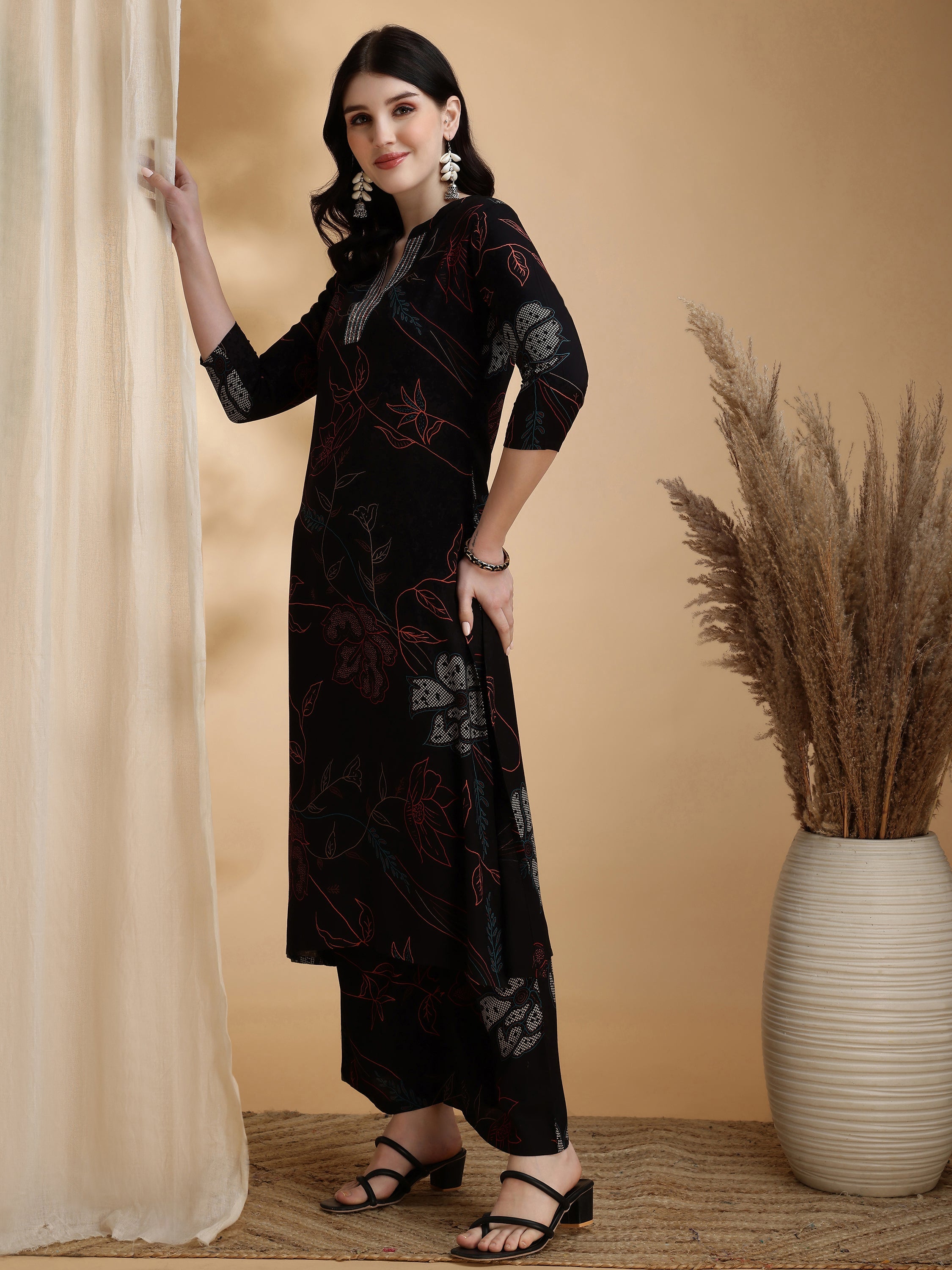 Floral Printed Kurta Pallazo Set, Black - Hiral Fashion - Distacart