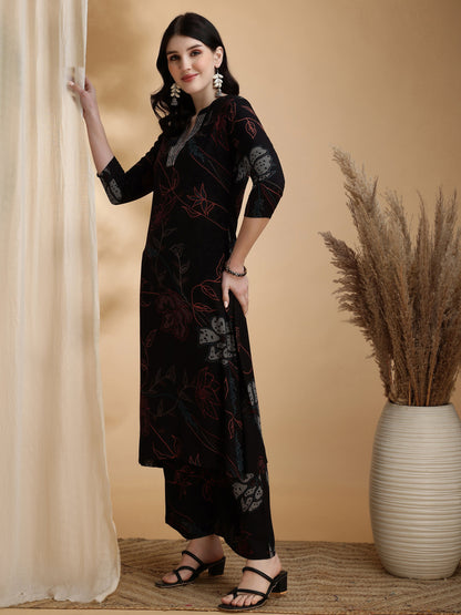 Floral Printed Kurta Pallazo Set, Black - Hiral Fashion - Distacart