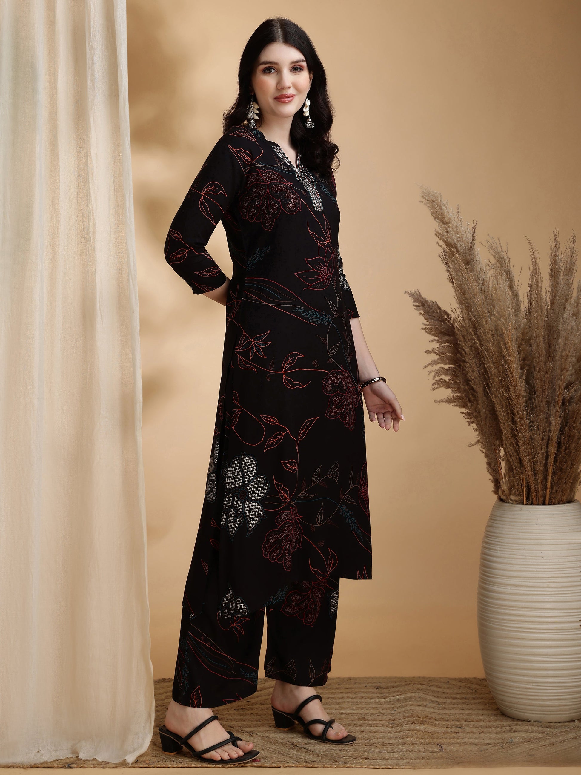 Floral Printed Kurta Pallazo Set, Black - Hiral Fashion - Distacart