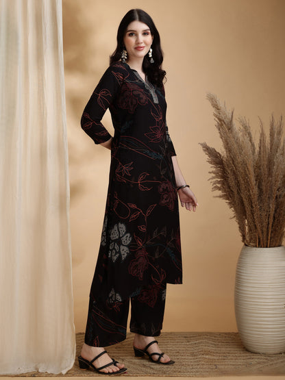 Floral Printed Kurta Pallazo Set, Black - Hiral Fashion - Distacart