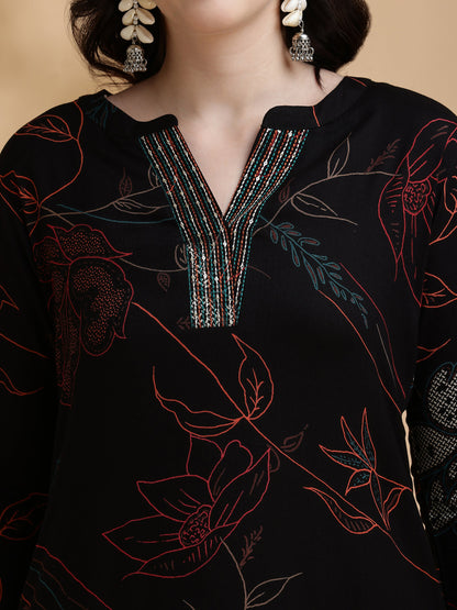 Floral Printed Kurta Pallazo Set, Black - Hiral Fashion - Distacart