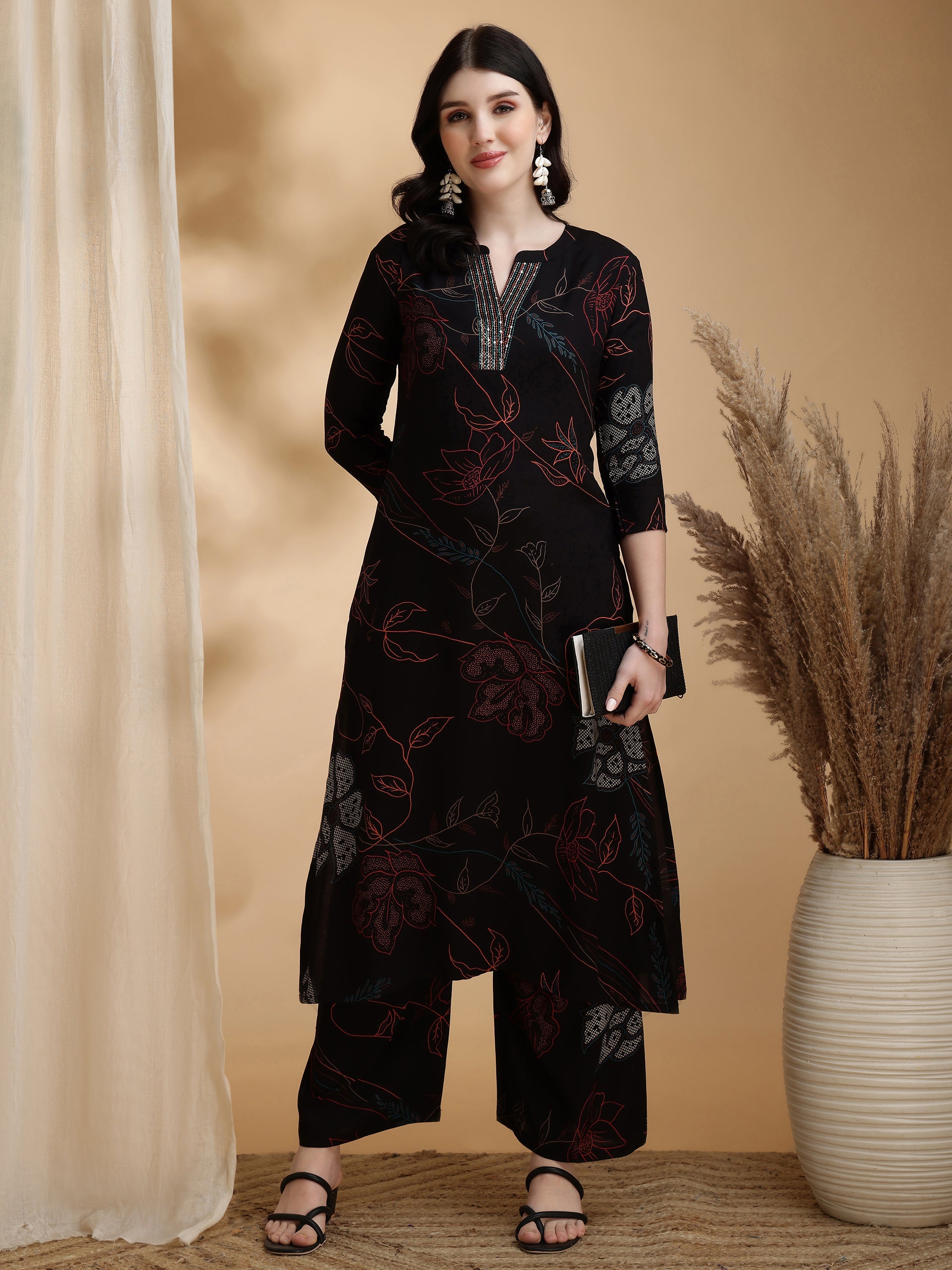 Floral Printed Kurta Pallazo Set, Black - Hiral Fashion - Distacart
