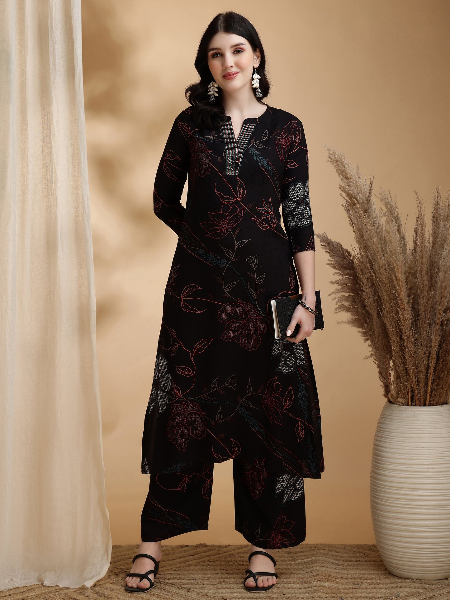 Floral Printed Kurta Pallazo Set, Black - Hiral Fashion - Distacart