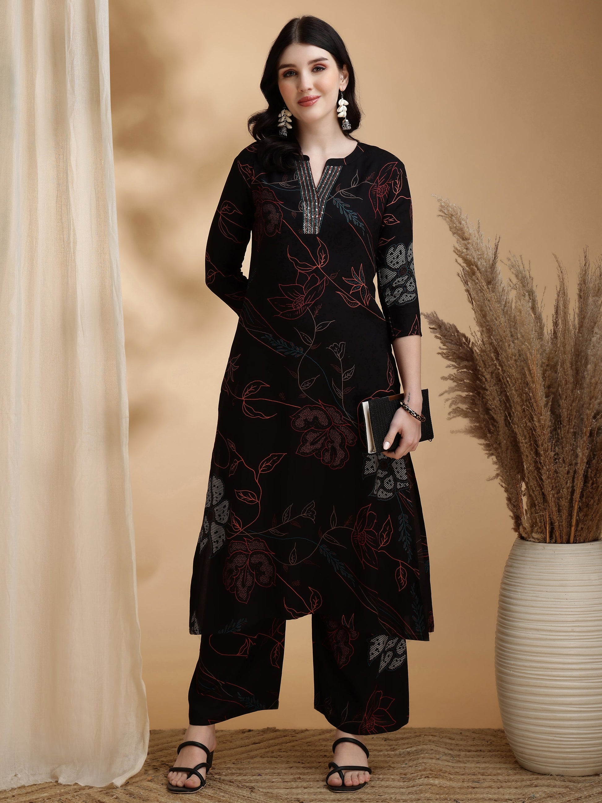 Floral Printed Kurta Pallazo Set, Black - Hiral Fashion - Distacart