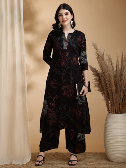 Floral Printed Kurta Pallazo Set, Black - Hiral Fashion - Distacart