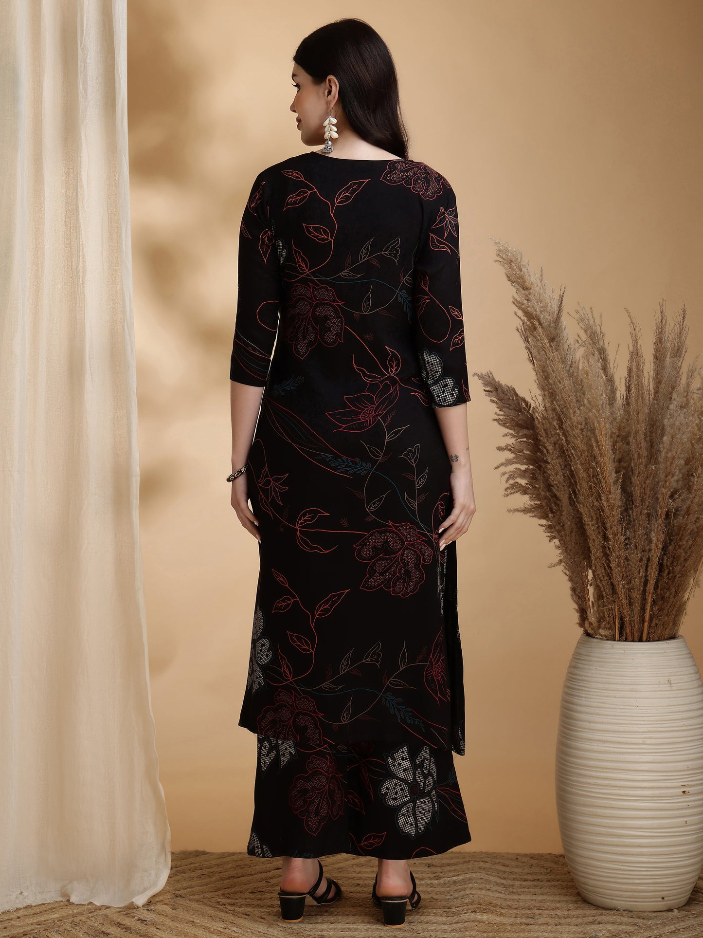 Floral Printed Kurta Pallazo Set, Black - Hiral Fashion - Distacart