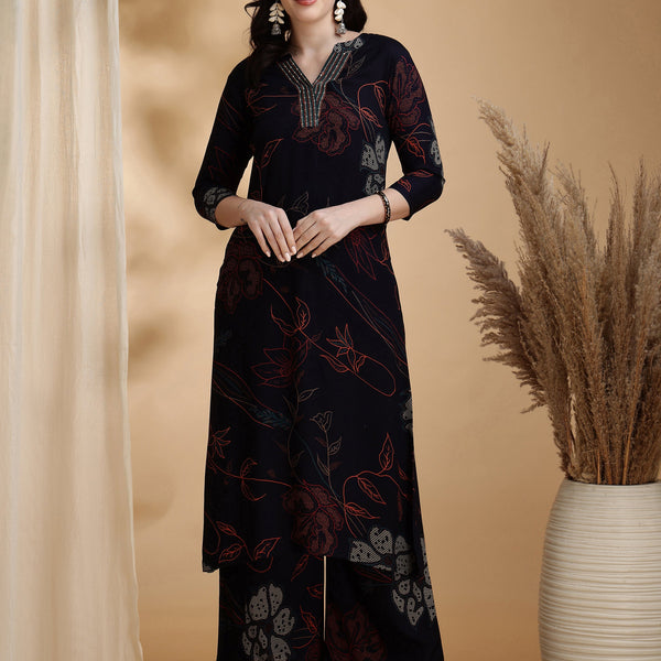 Floral Printed Kurta Pallazo Set, Navy Blue - Hiral Fashion - Distacart