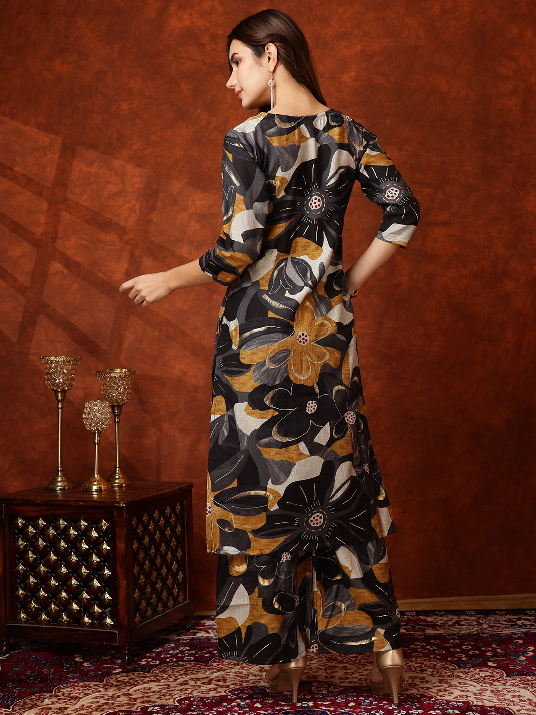 Floral Printed Kurta With Palazzo Pant, Black - Hiral Fashion - Distacart