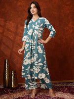 Thumbnail for Botanical Printed Kurta With Palazzo Pant, Turquoise - Hiral Fashion - Distacart
