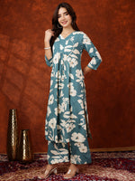 Thumbnail for Botanical Printed Kurta With Palazzo Pant, Turquoise - Hiral Fashion - Distacart
