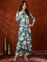 Thumbnail for Botanical Printed Kurta With Palazzo Pant, Turquoise - Hiral Fashion - Distacart
