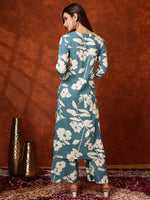 Thumbnail for Botanical Printed Kurta With Palazzo Pant, Turquoise - Hiral Fashion - Distacart