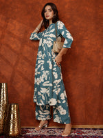 Thumbnail for Botanical Printed Kurta With Palazzo Pant, Turquoise - Hiral Fashion - Distacart