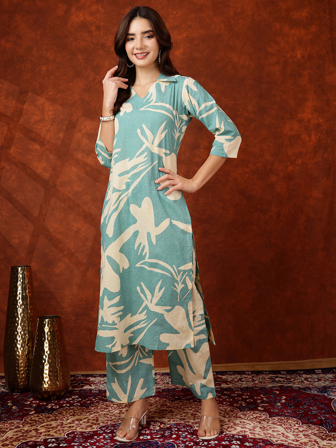 Floral Printed Designer Collared Kurta With Palazzo, Turquoise - Hiral Fashion - Distacart