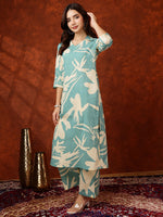 Thumbnail for Floral Printed Designer Collared Kurta With Palazzo, Turquoise - Hiral Fashion - Distacart