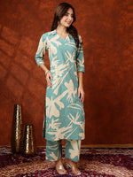Thumbnail for Floral Printed Designer Collared Kurta With Palazzo, Turquoise - Hiral Fashion - Distacart