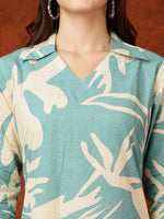 Thumbnail for Floral Printed Designer Collared Kurta With Palazzo, Turquoise - Hiral Fashion - Distacart
