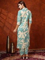 Thumbnail for Floral Printed Designer Collared Kurta With Palazzo, Turquoise - Hiral Fashion - Distacart