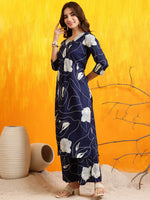 Thumbnail for Printed Kurta With Palazzo Pants, Navy Blue - Hiral Fashion - Distacart