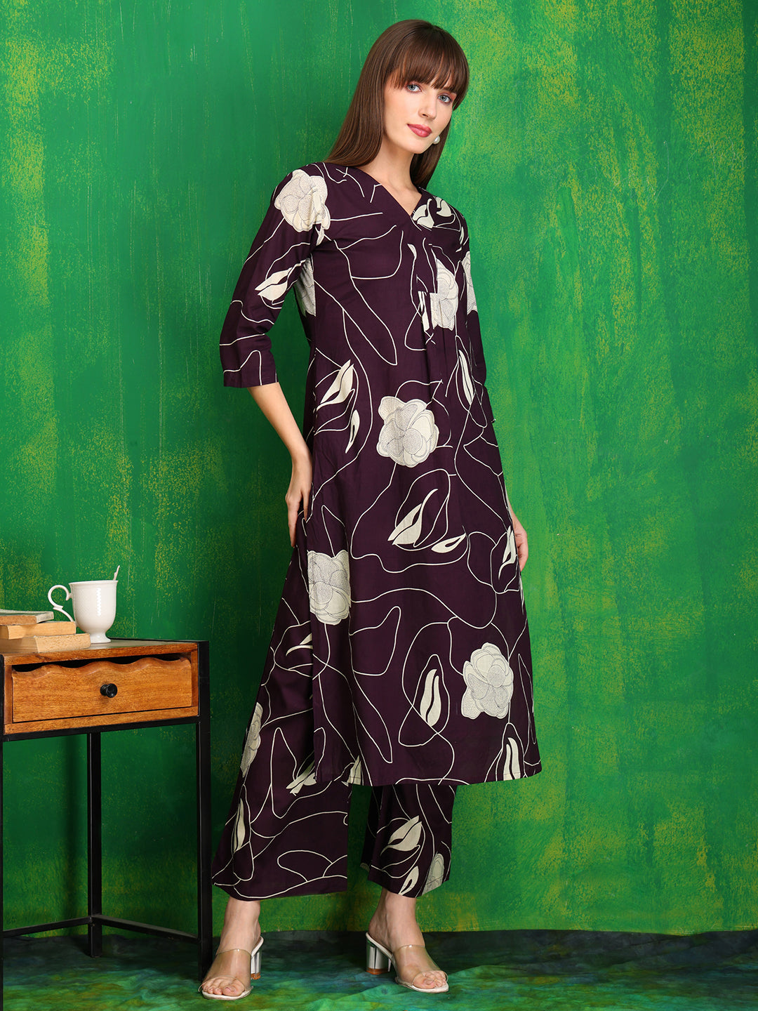 Printed Kurta With Palazzo Pants, Wine - Hiral Fashion - Dista