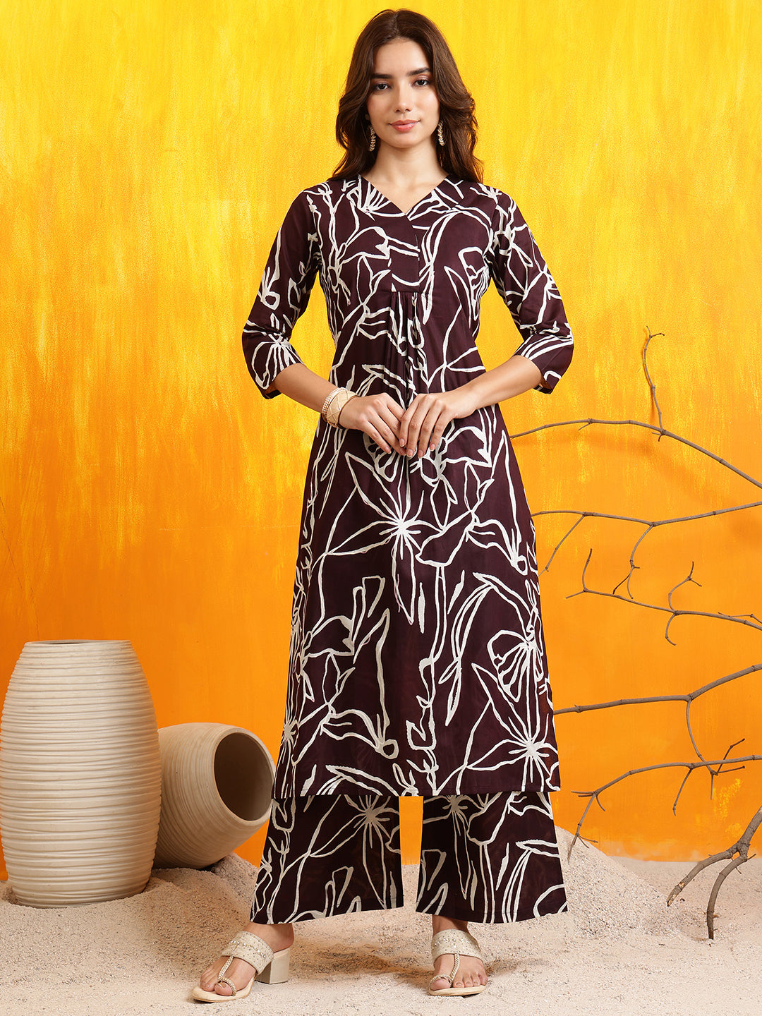 Printed Kurta With Palazzo Pants, Wine - Hiral Fashion