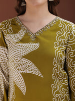 Thumbnail for Hand Embroidered With Floral & Leaf Printed Kurta And Palazzo, Olive - Hiral Fashion - Distacart