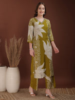 Thumbnail for Hand Embroidered With Floral & Leaf Printed Kurta And Palazzo, Olive - Hiral Fashion - Distacart