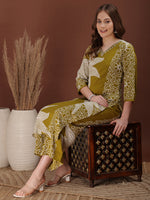 Thumbnail for Hand Embroidered With Floral & Leaf Printed Kurta And Palazzo, Olive - Hiral Fashion - Distacart