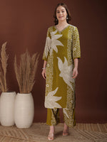 Thumbnail for Hand Embroidered With Floral & Leaf Printed Kurta And Palazzo, Olive - Hiral Fashion - Distacart