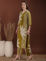 Thumbnail for Hand Embroidered With Floral & Leaf Printed Kurta And Palazzo, Olive - Hiral Fashion - Distacart