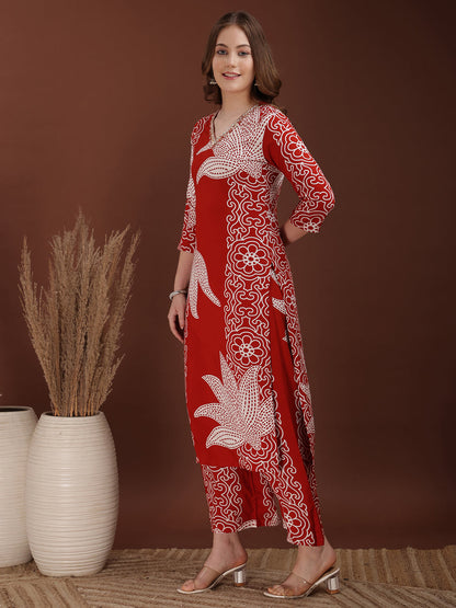 Hand Embroidered With Floral & Leaf Printed Kurta And Palazzo, Rust - Hiral Fashion - Distacart