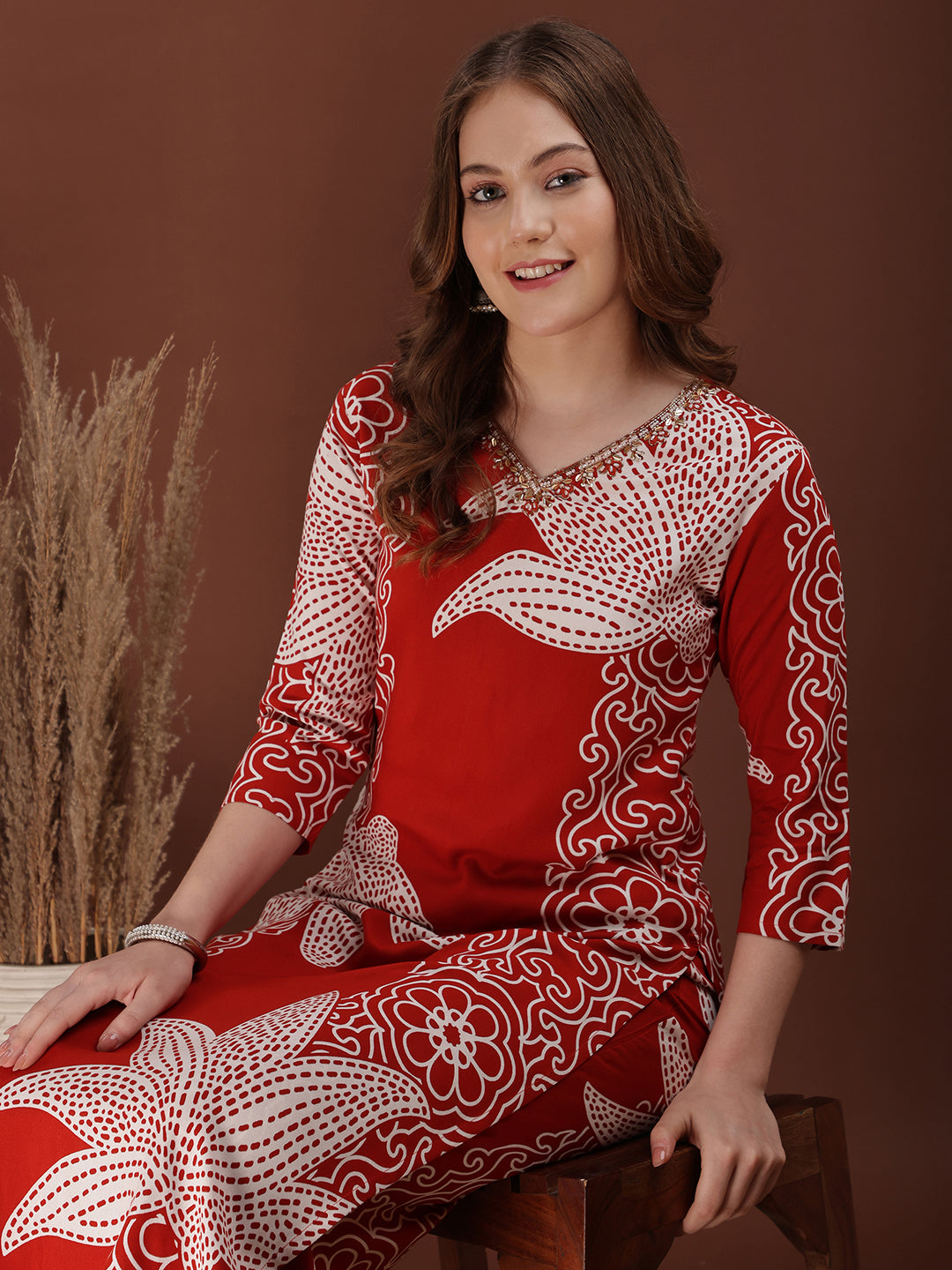 Hand Embroidered With Floral & Leaf Printed Kurta And Palazzo, Rust - Hiral Fashion - Distacart
