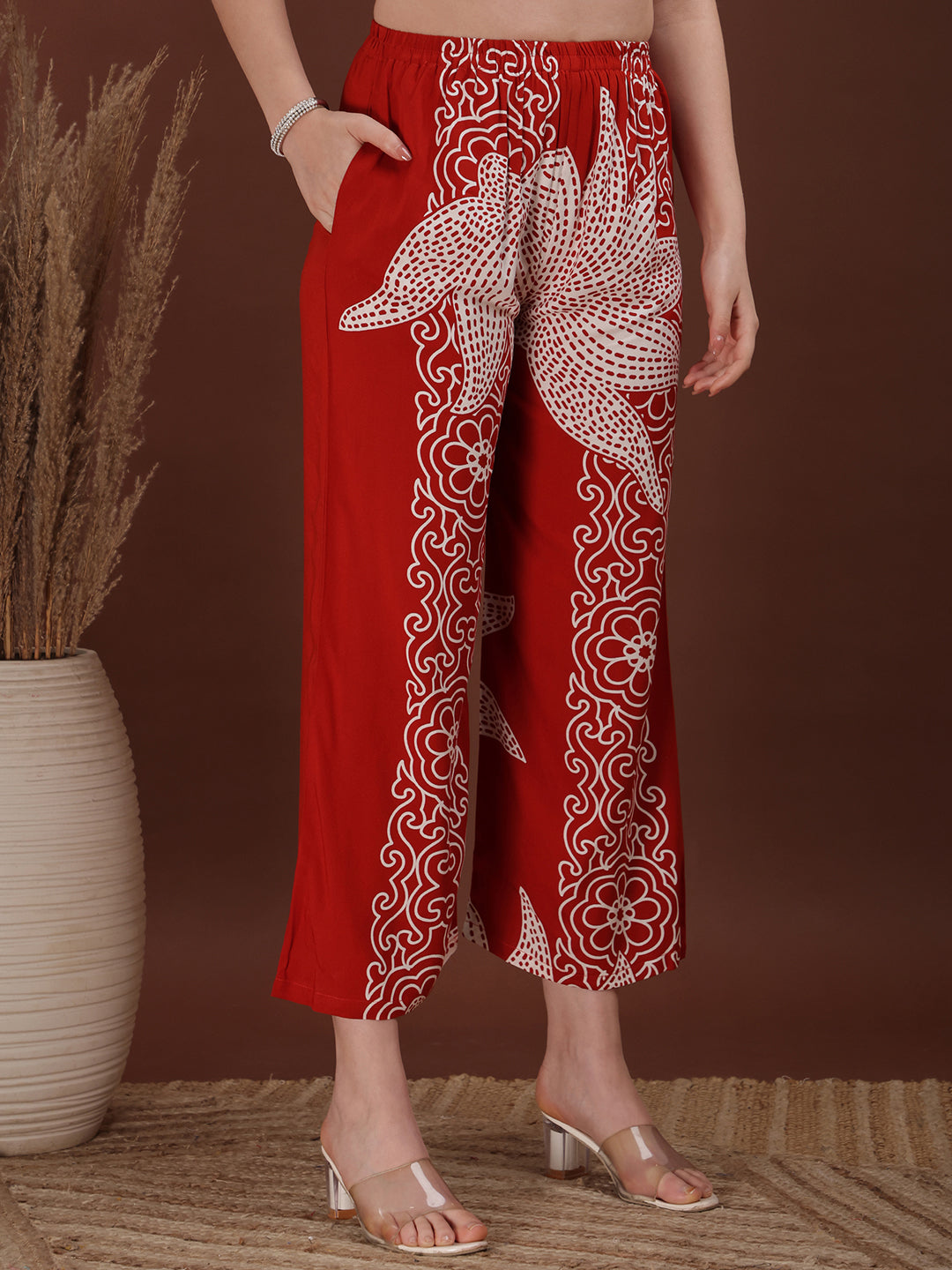 Hand Embroidered With Floral & Leaf Printed Kurta And Palazzo, Rust - Hiral Fashion - Distacart