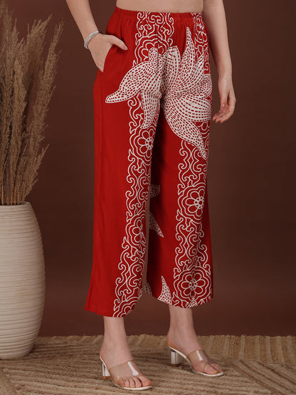 Hand Embroidered With Floral & Leaf Printed Kurta And Palazzo, Rust - Hiral Fashion - Distacart