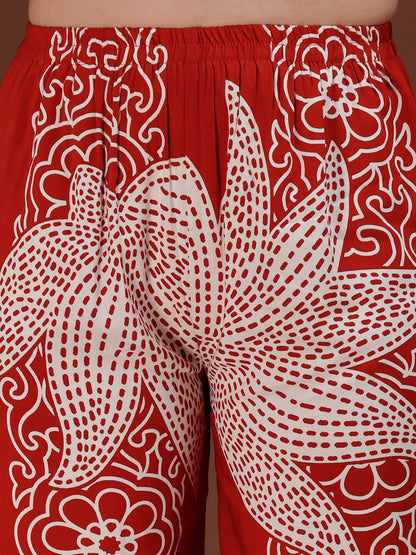Hand Embroidered With Floral & Leaf Printed Kurta And Palazzo, Rust - Hiral Fashion - Distacart