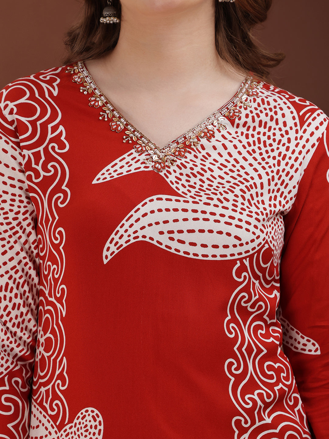 Hand Embroidered With Floral & Leaf Printed Kurta And Palazzo, Rust - Hiral Fashion - Distacart