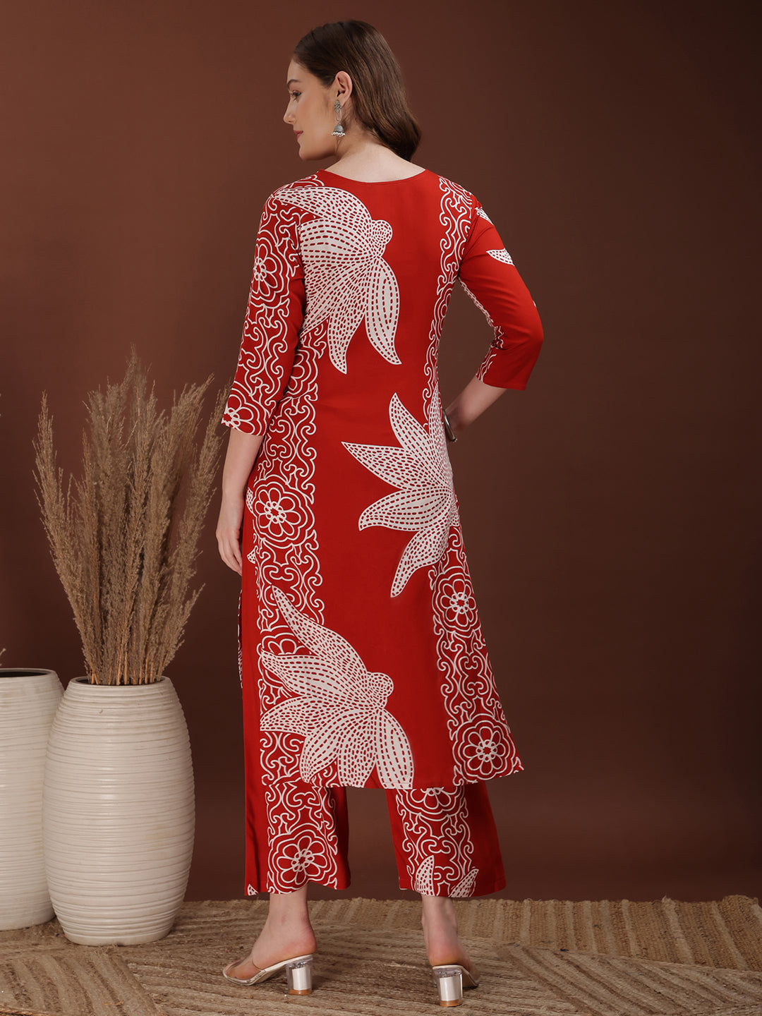 Hand Embroidered With Floral & Leaf Printed Kurta And Palazzo, Rust - Hiral Fashion - Distacart