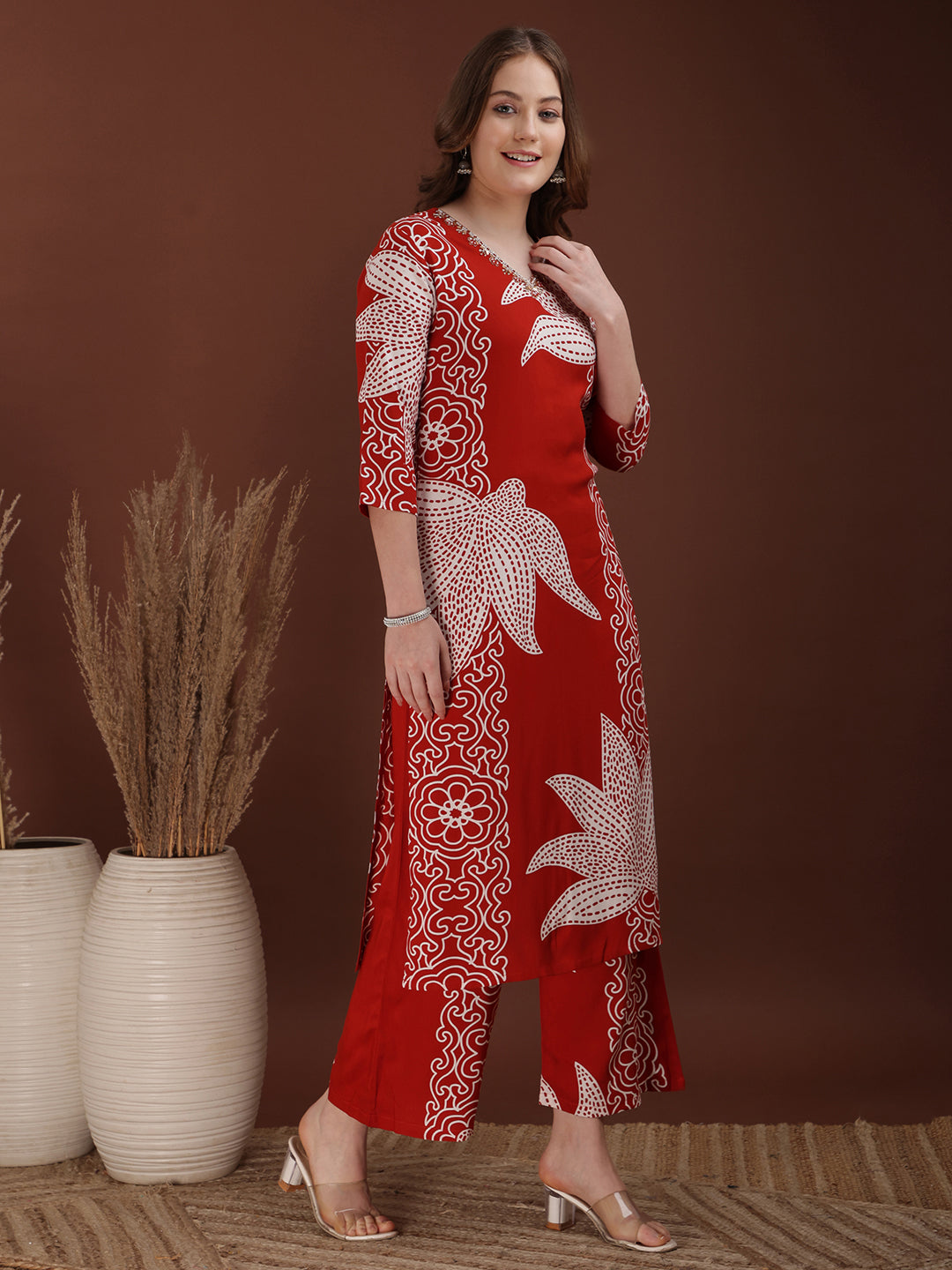 Hand Embroidered With Floral & Leaf Printed Kurta And Palazzo, Rust - Hiral Fashion - Distacart