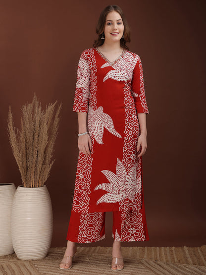Hand Embroidered With Floral & Leaf Printed Kurta And Palazzo, Rust - Hiral Fashion - Distacart