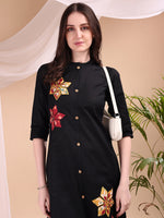 Thumbnail for Placement Floral Front Buttoned Kurta With Pant, Black - Hiral Fashion - Distacart