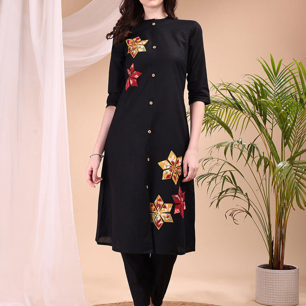 Placement Floral Front Buttoned Kurta With Pant, Black - Hiral Fashion - Distacart