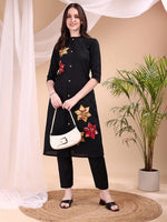 Thumbnail for Placement Floral Front Buttoned Kurta With Pant, Black - Hiral Fashion - Distacart