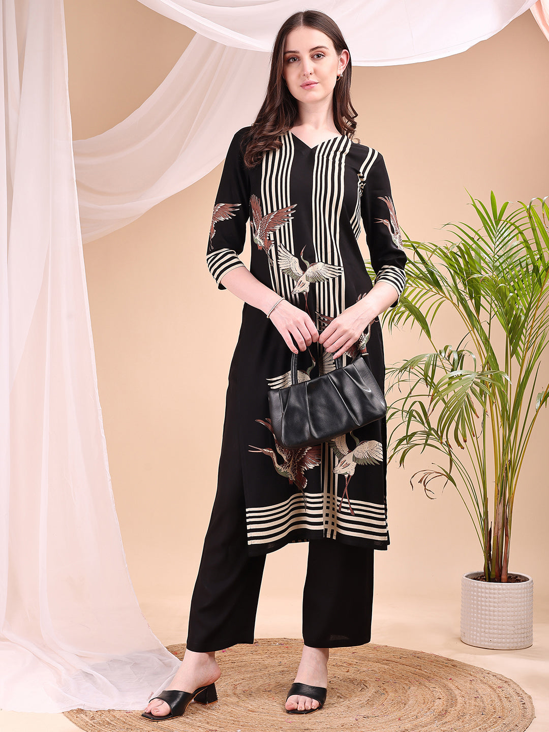 Striped Printed Kurta With Pant, Black - Hiral Fashion