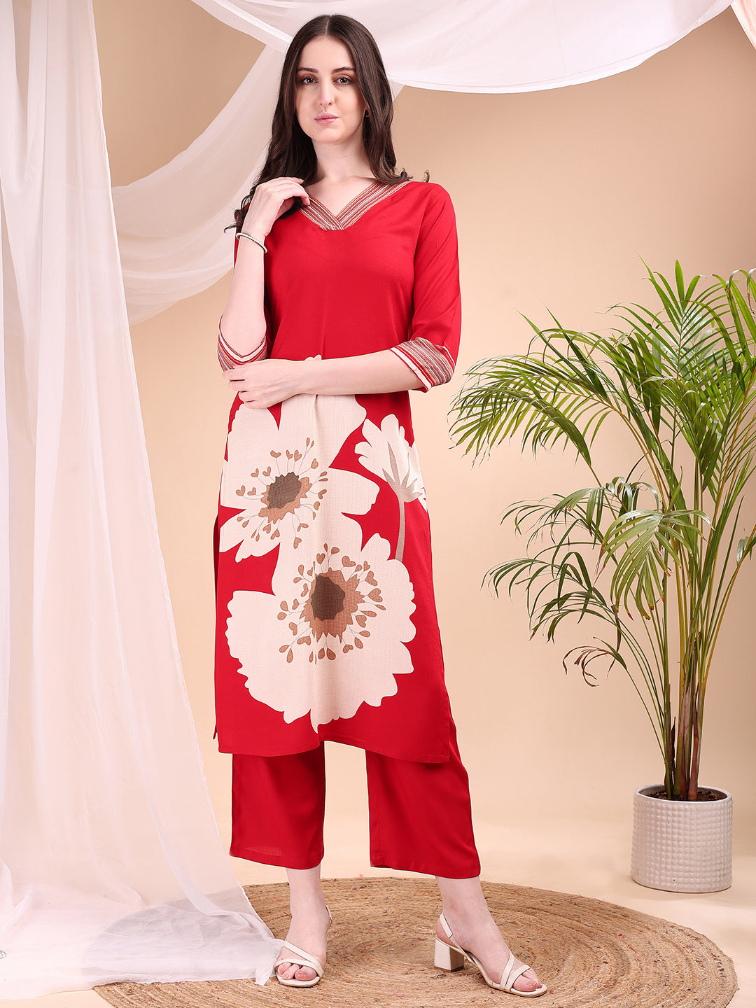 Floral Printed Kurta With Pant, Red - Hiral Fashion - Distacart