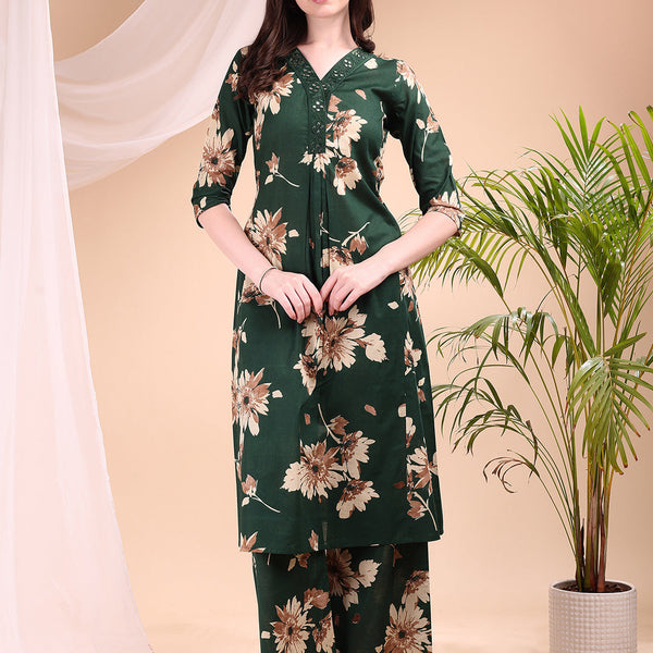 Embroidered & Printed Kurta With Palazzo, Green - Hiral Fashion - Distacart