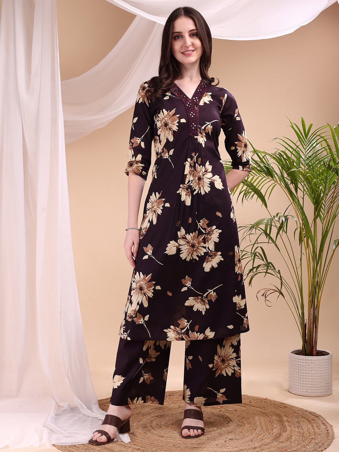 Embroidered & Printed Kurta With Palazzo, Wine - Hiral Fashion