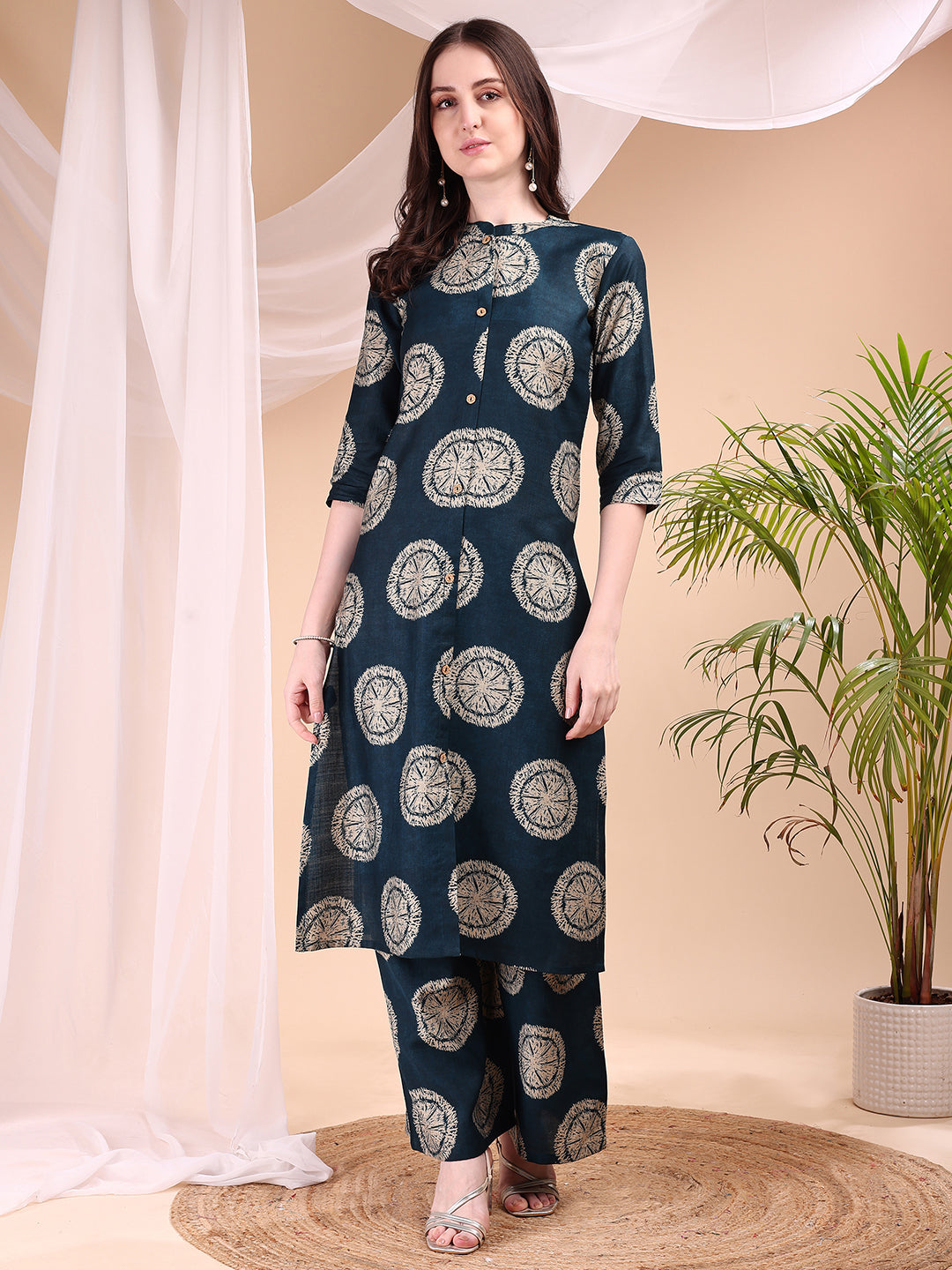 Two-Piece Ethnic Motifs Printed Kurta With Palazzo, Teal - Hiral Fashion